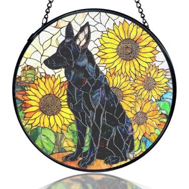 Imagem de kdqua Pastor Alemão Girassol Captador de Sol Pendurado em Vitral, Presentes de Pastor Alemão, Apanhadores de Sol, Decoração de Parede Redonda, Decoração de Parede de Cachorro, 20 x 20 cm