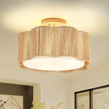 Imagem de Haolaike Luminária de teto com montagem embutida em rattan de 45,7 cm, luminárias boho de 3 luzes para quarto, perto da luz de teto moderna para corredor, cozinha, entrada, sala de jantar