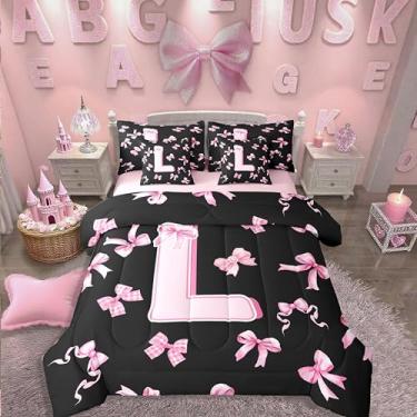 Imagem de Conjunto de cama casal com laço com inicial de 7 peças, lençol com laço rosa fofo em uma bolsa com letra G, moderno, moderno, moderno, conjunto de edredom com lençol feminino coquete rosa e laço