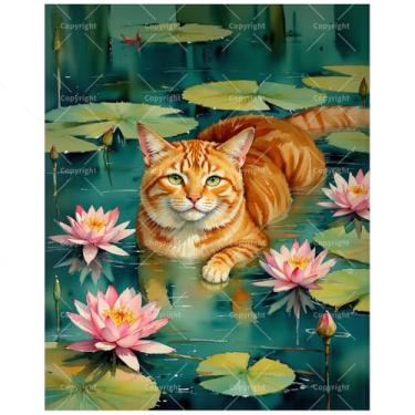 Imagem de Kit de pintura para gatos de jardim aquático por números para adultos – Pintura DIY de gato laranja em Lily Pond em tela 40 x 50 cm, conjunto de tinta acrílica, adequado para iniciantes, arte para