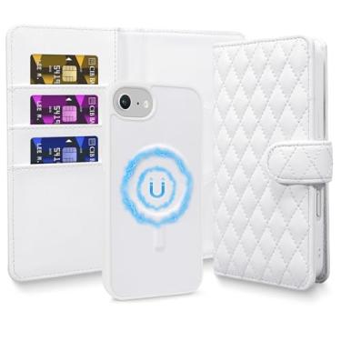 Imagem de CMIDUS Capa carteira de couro magnética removível MagSafe para iPhone 16E com 3 compartimentos para cartões, suporte com bloqueio de RFID (branca)