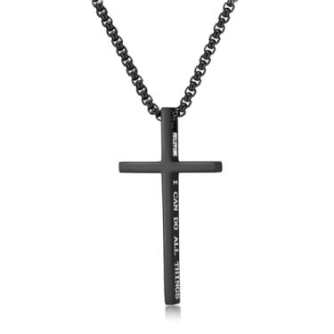 Imagem de WanLike Colar de cruz minimalista de aço inoxidável para homens - Colar de cruz preta em ouro prateado - Joias religiosas de fé cristã em corrente de 61 cm, Medium, Aço inoxidável, Sem Pedra Preciosa