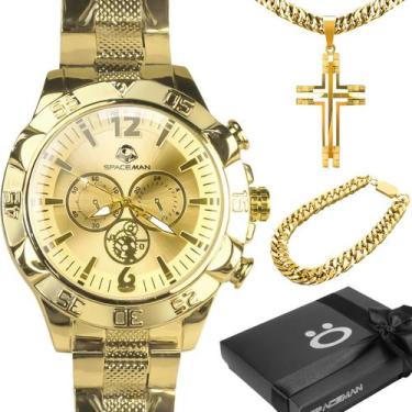Imagem de Relogio Masculino Dourado + Cordao + Pulseira Grande Religioso Origina