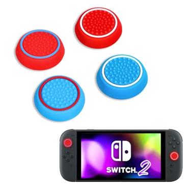 Imagem de DLseego 4 Pegas de polegar projetadas para Nintendo Switch 2 (2025), silicone macio Joycon controle analógico capa protetora antiderrapante botão Joy con capas de joystick, círculo - azul vermelho