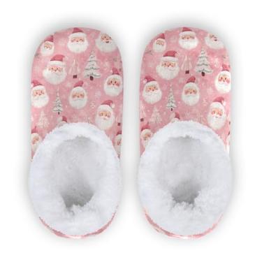 Imagem de Pantufa rosa vintage fofa Papai Noel meninos meninas sapatos de inverno crianças coral lã chinelo infantil chinelo meias para interior exterior antiderrapante casa sapato P