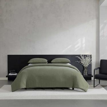 Imagem de Vera Wang - Conjunto de edredom Queen, mistura de algodão macio, com fundo de algodão percal, conjunto de cama texturizado de 3 peças com fronhas combinando (linhas esculpidas verde)
