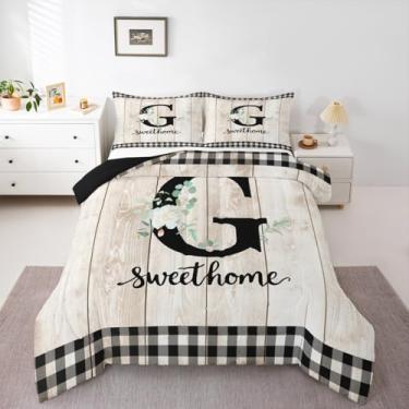 Imagem de Erosebridal Jogo de cama solteiro, alfabeto de flores, letra G, rústico, bege, porta de celeiro, para crianças, meninos, meninas, homens, fazenda, primavera, jardim, edredom (G)