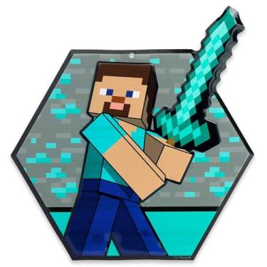 Imagem de Placa de metal em relevo Minecraft Steve – Decoração de parede icônica Steve Diamond Sword para quarto ou sala de jogos