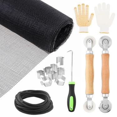 Imagem de Rolo 6 em 1 de aço/nylon com kit de reparo de porta de tela de janela de rolamento para instalação de telas de tela de porta com 8 clipes de tela, estria/gancho de remoção de tela de 9,8 m, malha de