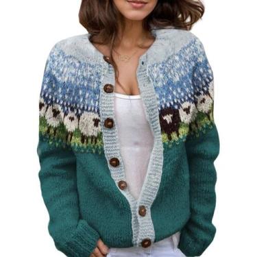 Imagem de Suéter de cardigã Akivide feminino com estampa floral, tricotado, outo