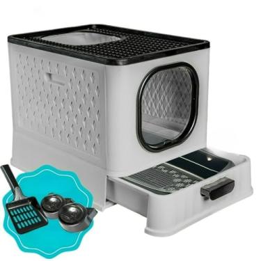 Imagem de Caixa De Areia Fechada Para Gatos Porta Transparente 02 Comedouros Pá Fácil Limpar Gatos Todos Portes Residencia Caixa De Areia(SANITÁRIO LUXO SB - CINZA)