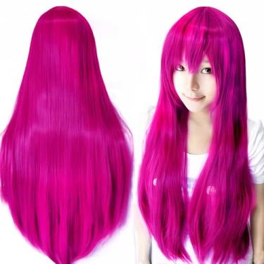 Imagem de IMISSU Perucas de cosplay de cabelo natural longo e reto com franja colorida fantasia de Halloween peruca de festa para menina (Rosa)