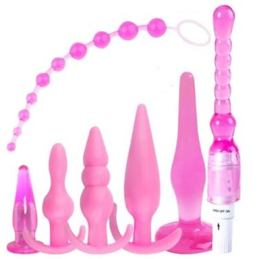 Imagem de Kit 7 Plug Anal de Silicone Material Macio Com 1 Vibrador Plug Multivelocidade