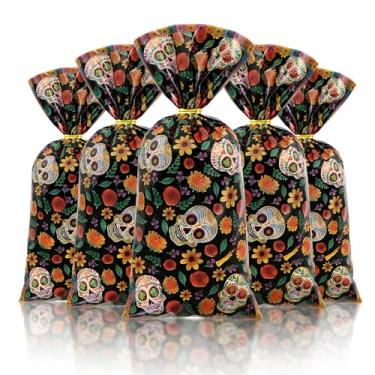 Imagem de Sacos de guloseimas Dia dos Mortos, 50 peças, estampa de flores de calêndula de crânio de açúcar multicolorido - Dia de Los Muertos Saco de presente de celofane de plástico para festa de Halloween com
