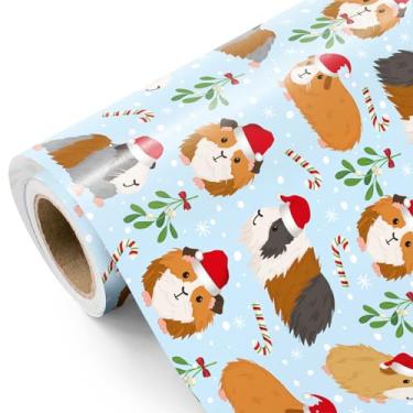 Imagem de WRAPAHOLIC Rolo de papel de embrulho de Natal de porquinho-da-índia - Mini rolo - 43 cm x 46,5 m - Chapéu de Papai Noel, papel de embrulho de porquinho-da-índia para Natal, feriado, festa celebração