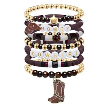 Imagem de Dreuyet 7 pulseiras femininas com contas de vaqueira ocidental, empilháveis, elásticas, boêmia e acessórios de joias, Medium, Vidro Vidro Cordão elástico, Sem Pedra Preciosa