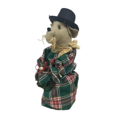 Imagem de Handmade Folk Art Fabric Mouse Figurine in Green Plaid with Top Hat and Wreath Rustic Holiday Cottage Decor 14 x 5 x 5 Inches