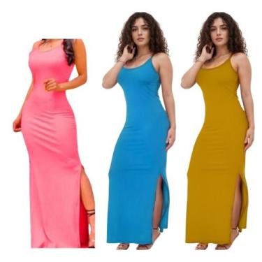 Imagem de KIT C/3 Vestidos Canelado Longo com Fenda - Emporio J, Rosa bb, Azul b