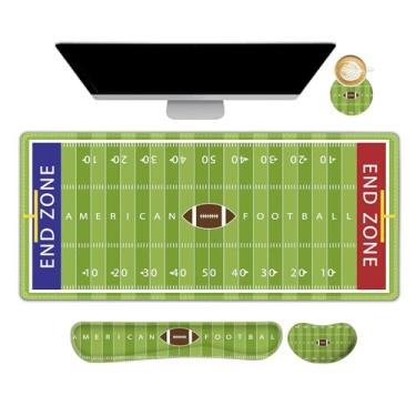 Imagem de ARTSO Conjunto de tapete de mesa verde, mouse pad estendido para jogos com suporte para descanso de pulso + descanso de pulso para teclado + porta-copos, mouse pad grande e fofo, campo de futebol