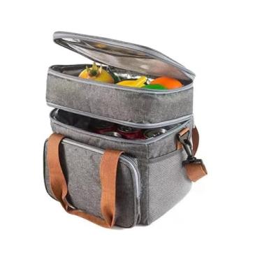 Imagem de Bolsa Térmica Grande com Dois Andares Porta Marmita Fitness Com Alça De Mão e Ombro Transversal (Cinza)
