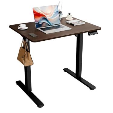 Imagem de ERGOMAKER Mesa de pé elétrica, 80 cm x 59,9 cm de altura ajustável com placa de emenda para escritório em casa, mesa de computador com memória predefinida (moldura preta, mesa de nogueira)