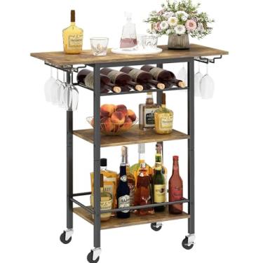 Imagem de LAATOOREE Carrinho de Bar, Carrinho de Serviço de Bar Doméstico, Carrinho de Bebidas Móvel de 3 Camadas, Carrinho de Prateleira de Cozinha com Suporte para Vinho e Copo, para Sala de Jantar, Sala de E