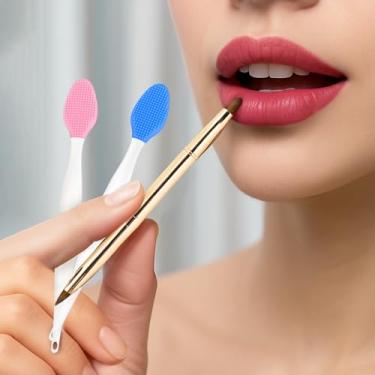 Imagem de Conjunto de pincéis labiais de ponta dupla de 3 peças - aplicador de batom retrátil dourado, limpador labial de dois lados azul, rosa