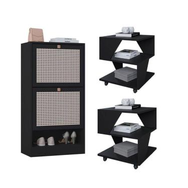 Imagem de Kit Sapateira 2 Portas E 2 Mesas De Cabeceira/centro Poquema Preto