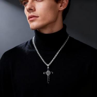 Imagem de Colar masculino de cruz de aço de titânio, colar de liga cruzada, com corrente de elos de bambu de camada dupla para presente de joias masculinas, One Size, Metal, Sem Pedra Preciosa