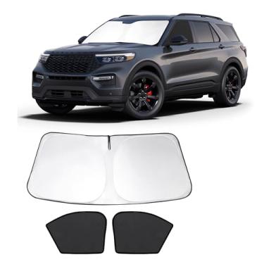 Imagem de Fannyc 3 peças de persianas de janela de carro pára-brisas dianteiras sombra de janela dobrável ajuste personalizado para 2020-2024 Fo-rd Explorer acessórios persianas de carro para janelas dianteiras