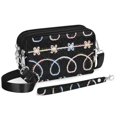 Imagem de YINHEXI Bolsas transversais pequenas para mulheres, 3 zíperes pequena bolsa transversal de nylon para viagem, bolsa carteira de celular para mulheres, Bordado de linha preto-02, Estilo natural