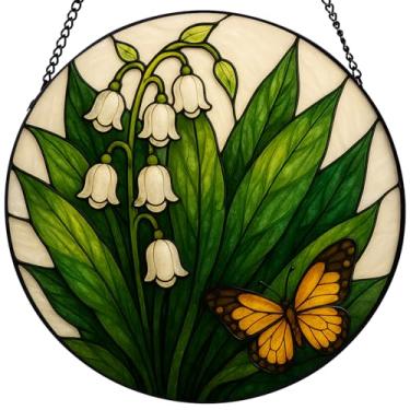 Imagem de Apanhador solar de lírio do vale e borboleta – apanhadores de sol requintados para janelas com corrente de metal — decoração exclusiva de janela, vitral, presente atencioso para a mamãe (30,5 cm)
