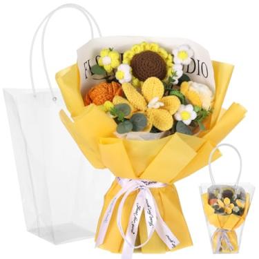 Imagem de Buquê de flores de crochê de rosas de girassol de lírio amarelo, arranjo floral de fio sintético feito à mão, flores artificiais de algodão macio, presente para casamento, aniversário, dia das mães