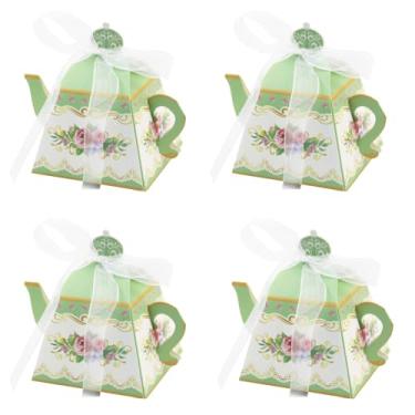 Imagem de 20 caixas de lembrancinhas de festa de chá, bule de chá floral vintage, caixa de presente de guloseimas de flores doces com fita para casamentos, chás de noiva, decoração de mesa de centro de mesa