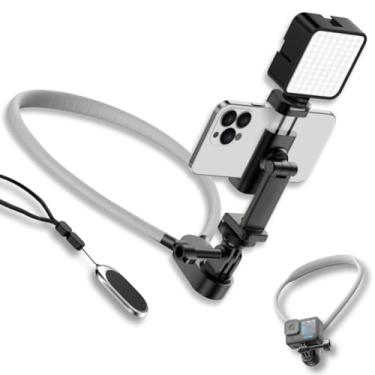 Imagem de TERCELL Suporte de telefone para pescoço com luz de preenchimento, magnético antivibração, suporte de pescoço POV/Vlog para telefone e câmera de ação para GoPro, DJI, Insta360