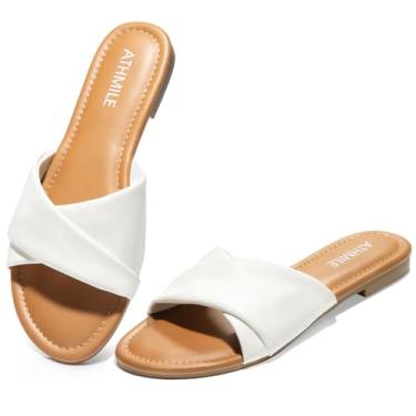 Imagem de ATHMILE Sandálias femininas elegantes de verão planas confortáveis moda praia lindas sandálias femininas de couro casual 2024 tamanho 6-11, Branco, 8 US