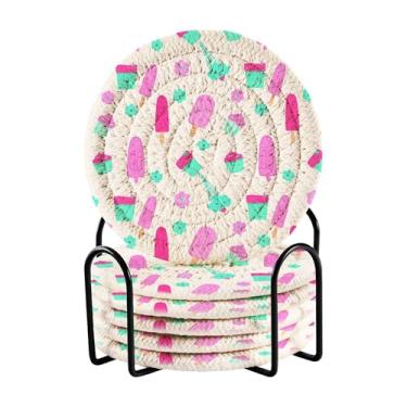 Imagem de SEHANY Lindo conjunto de 6 porta-copos de sorvete com suporte, porta-copos redondos absorventes de algodão resistente ao calor para mesa de jantar, canecas de café, proteção de xícara, 10 cm