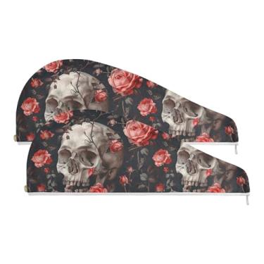 Imagem de SEHANY Toalha de cabelo de microfibra rosa e caveira para mulheres, 2 peças, turbantes de cabelo de secagem rápida com botão, touca de cabelo seco absorvente toalha de secagem de cabelo para cabelos