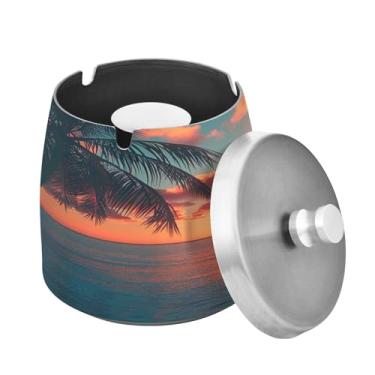 Imagem de Blueangle Lindo cinzeiro de palmeiras com tampa para cigarros, à prova de vento/chuva, aço inoxidável, sem fumaça, inodoro, cinzeiro para uso interno ou externo (250)