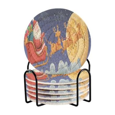 Imagem de ATTX Pacote com 6 porta-copos absorventes de algodão Papai Noel com suporte para decoração de casa de mesa de centro #415