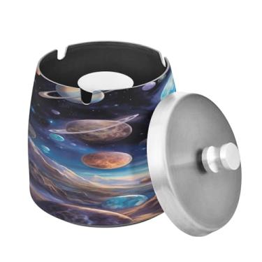 Imagem de Blueangle Cinzeiro Galaxy Planets com tampa para cigarros, à prova de vento/chuva, aço inoxidável, sem fumaça, inodoro, cinzeiro para uso interno ou externo (496)