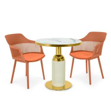 Imagem de Conjunto Mesa De Jantar Redonda Imperial 70cm Branca Com 2 Cadeiras Estofadas Marcela - Marrom
