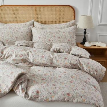 Imagem de FADFAY Capa de edredom Queen Size - 3 peças 100% algodão duplo gaze - jogo de cama floral ultra macio, inclui 1 capa de edredom com fecho de zíper e 2 fronhas, edredom não incluído