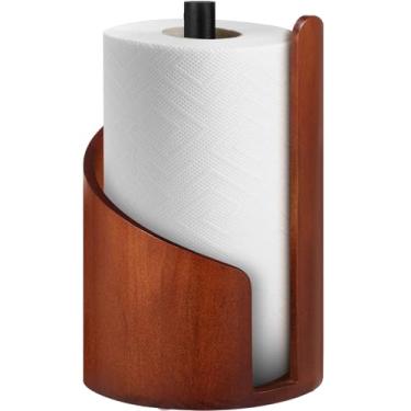 Imagem de Suporte de toalha de papel de montanha bancada base redonda de madeira suportes de toalha de papel bancada com uma mão rasga padrão e rolo grande para cozinha banheiro (marrom)