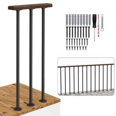 Imagem de Kit de trilhos de deck para varanda de metal externo com corrimão de madeira, kit de trilhos planos de ferro forjado preto interno com balaústres para varanda, pátio e varanda (86 cm A x 42 cm L)