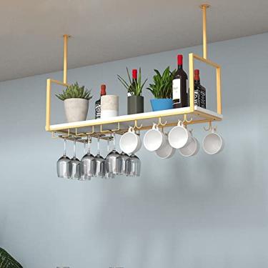 Imagem de APUM Prateleira de teto suspensa para vinho, rack de garrafa de teto de metal, suporte de armazenamento de vinho com prateleira de vidro de taças para embaixo do armário, cozinha, bar