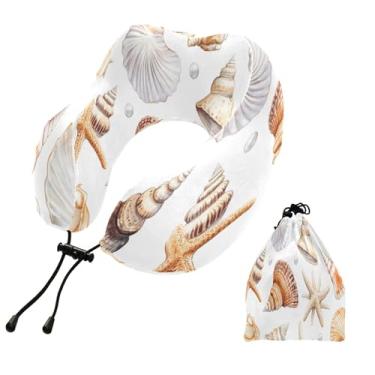 Imagem de CEBUGI Travesseiros de viagem portáteis em forma de U, travesseiro de pescoço de espuma viscoelástica com trava de corda ajustável para avião, viagem, trem, negócios, escritório, soneca (padrão de