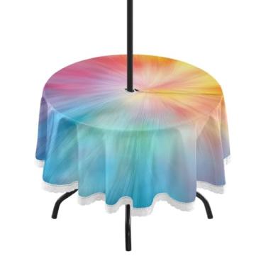 Imagem de CEBUGI Toalha de mesa redonda para uso ao ar livre, fundo colorido, impermeável, com furo Umberlla, capa de mesa lavável para pátio, cozinha, sala de jantar, 152 cm
