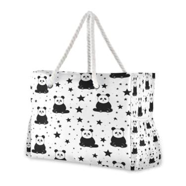 Imagem de Wassud Bolsa de praia grande com panda e estrela para mulheres, impermeável, à prova de areia, bolsa de viagem com zíper e bolso para piscina, academia, acampamento