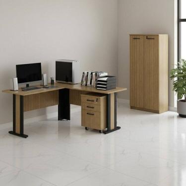 Imagem de Conjunto 3 Peças 1 Gaveteiro com Rodizio 1 Armário Alto com Portas e 1 Mesa em L Espresso Móveis Amêndoa/Preto